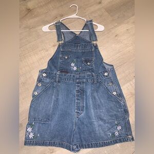 Route 66 Denim Embroidered Floral Short Overalls - Blue